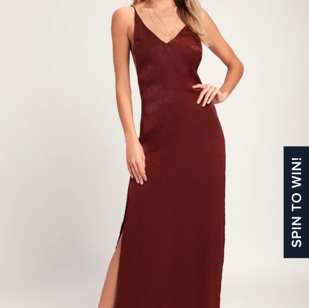 Lulu's Nania Burgandy Backless Satin Maxi Dress